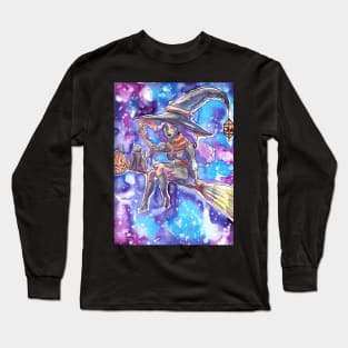 Cute Witch Girl on a Broomstick with her Cat Long Sleeve T-Shirt